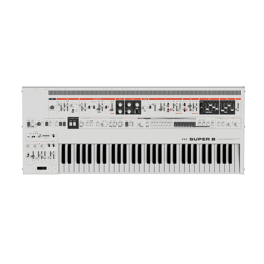 Top view of a UDO Super 8 synthesizer keyboard with various controls and buttons on a white panel.