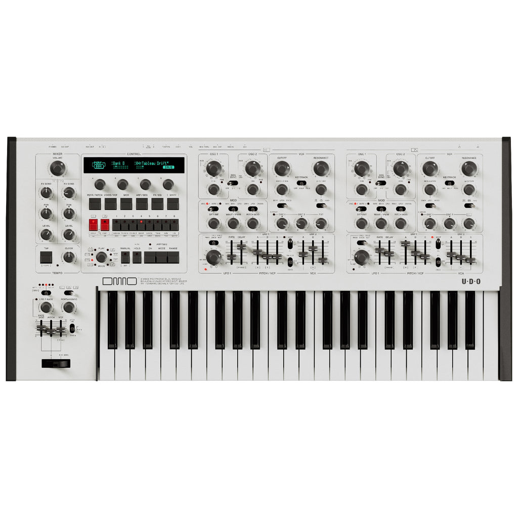 White keyboard synthesizer with control knobs, faders, buttons, and a digital display screen showing text and parameters.