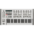 White keyboard synthesizer with control knobs, faders, buttons, and a digital display screen showing text and parameters.