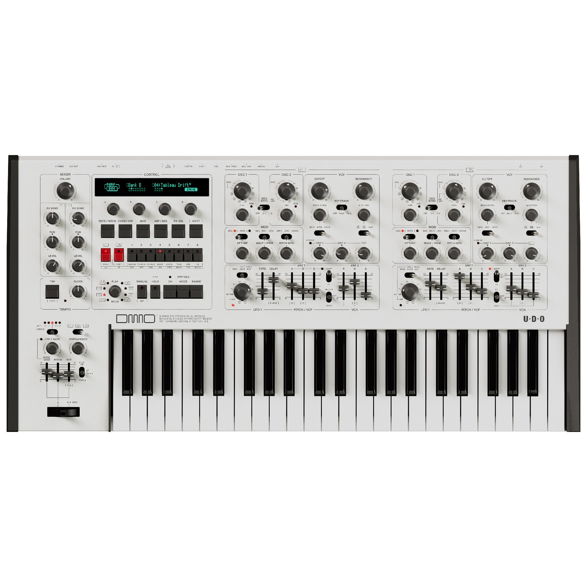 White keyboard synthesizer with control knobs, faders, buttons, and a digital display screen showing text and parameters.