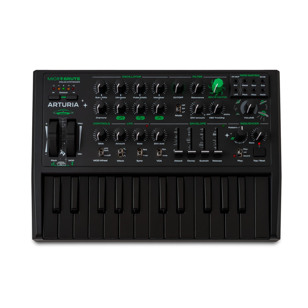 Black Arturia MicroBrute analog synthesizer with keys, multiple knobs, sliders, buttons, and patch jacks on top panel.