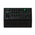 Black Arturia MicroBrute analog synthesizer with keys, multiple knobs, sliders, buttons, and patch jacks on top panel.
