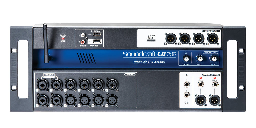 Front view of a black and blue audio mixer with WiFi antenna, multiple input and output connectors, and control knobs.