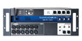 Front view of a black and blue audio mixer with WiFi antenna, multiple input and output connectors, and control knobs.