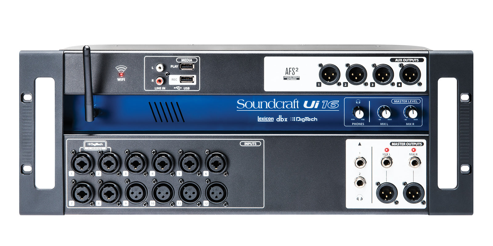 Front view of a black and blue audio mixer with WiFi antenna, multiple input and output connectors, and control knobs.