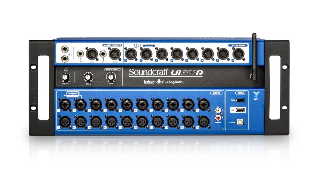 Front view of a Soundcraft ui24R audio mixer with multiple XLR, combo input jacks, USB ports, rotary knobs, and WiFi antenna.
