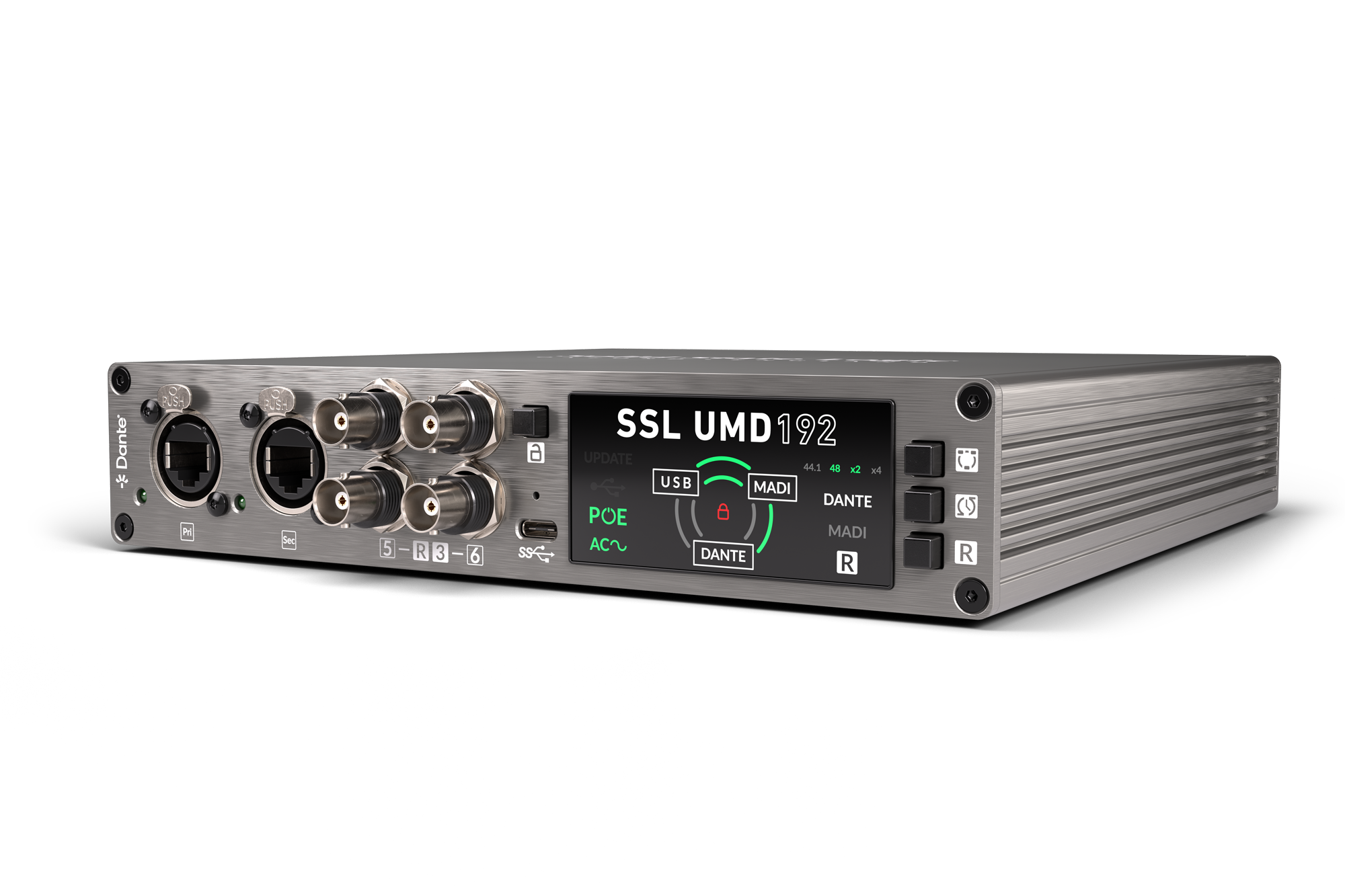 Front angle view of a Silver and black audio interface unit with RJ45, BNC, USB-C ports and a digital display.
