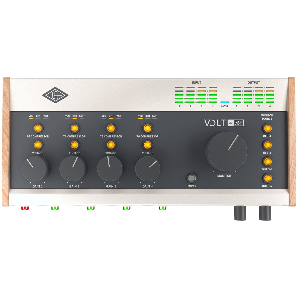 Top view of a Universal Audio Volt 4 76P audio interface with gain knobs, buttons, and LED meters.