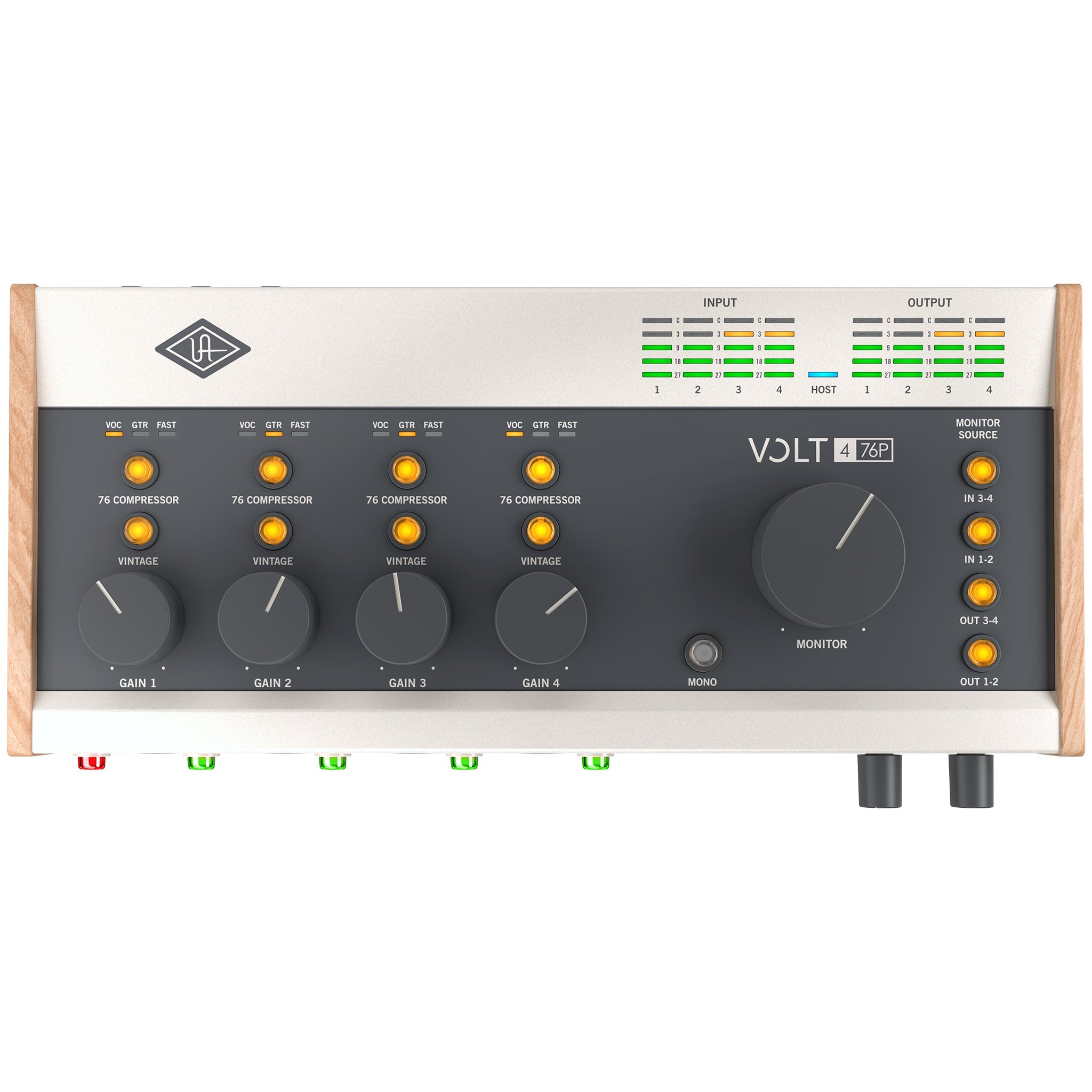 Top view of a Universal Audio Volt 4 76P audio interface with gain knobs, buttons, and LED meters.