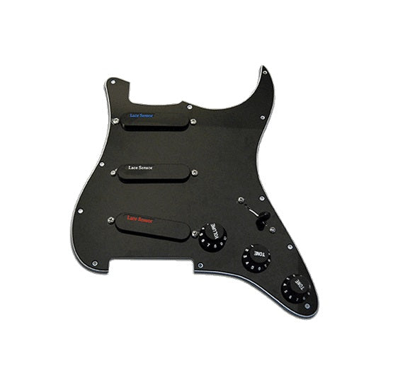 Black pickguard with three Lace Sensor pickups, three control knobs, and a toggle switch for guitar.