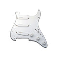 White guitar pickguard loaded with three white single-coil pickups, three control knobs, and a toggle switch.