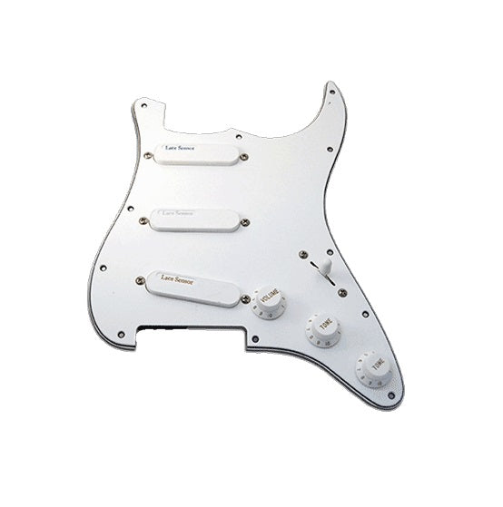 White guitar pickguard loaded with three white single-coil pickups, three control knobs, and a toggle switch.