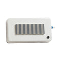 Rectangular white electronic device with a gray LED visualizer display, a black knob, and a small coaxial connector on the side.