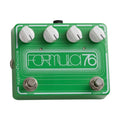 Green guitar effects pedal with four white knobs and two metal foot switches labeled Formula 76.