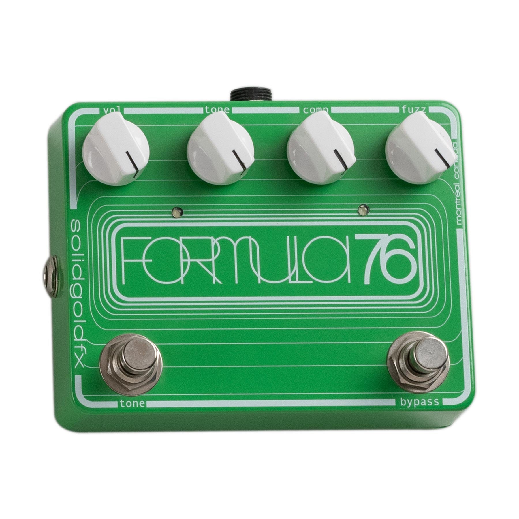 Green guitar effects pedal with four white knobs and two metal foot switches labeled Formula 76.