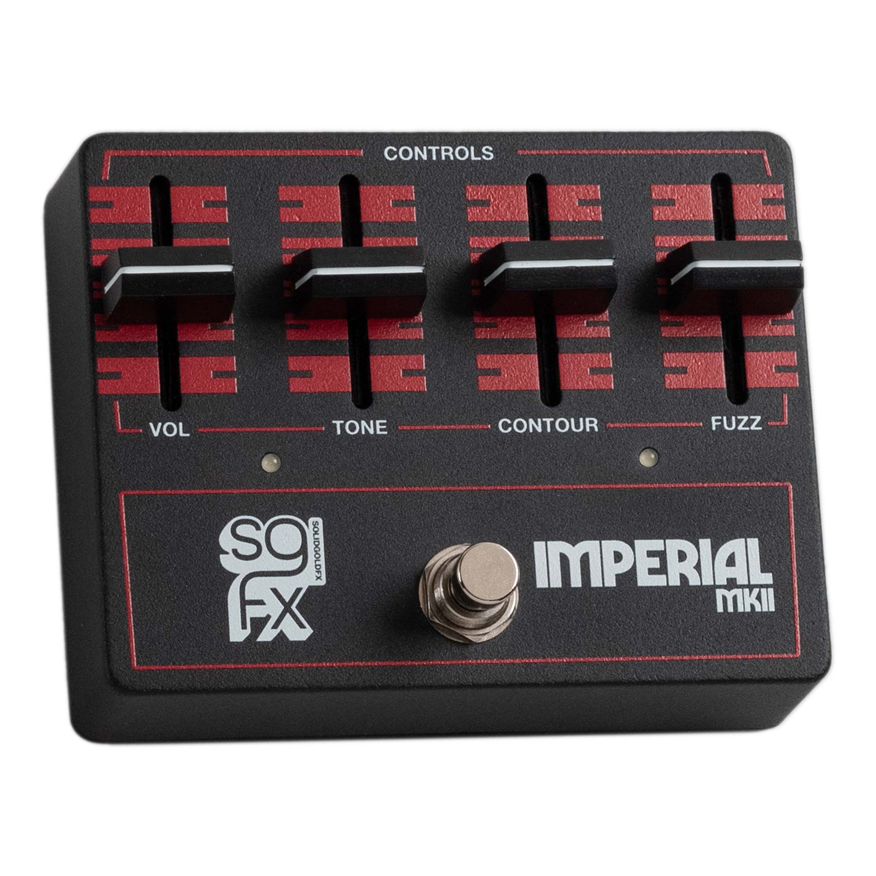 Black pedal with four sliders and one footswitch labeled Imperial MkII by sg FX