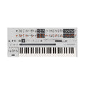 Synthesizer keyboard with white casing, multiple knobs and sliders, and a 37-key keyboard layout.