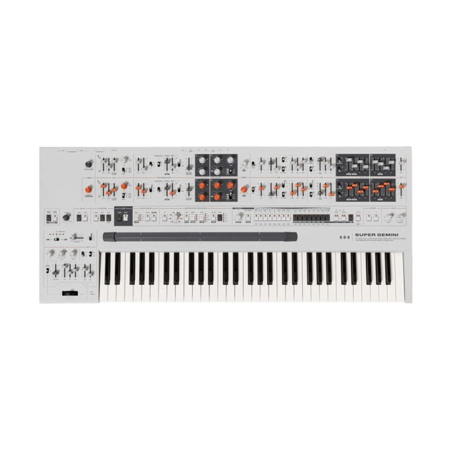 Synthesizer keyboard with white casing, multiple knobs and sliders, and a 37-key keyboard layout.