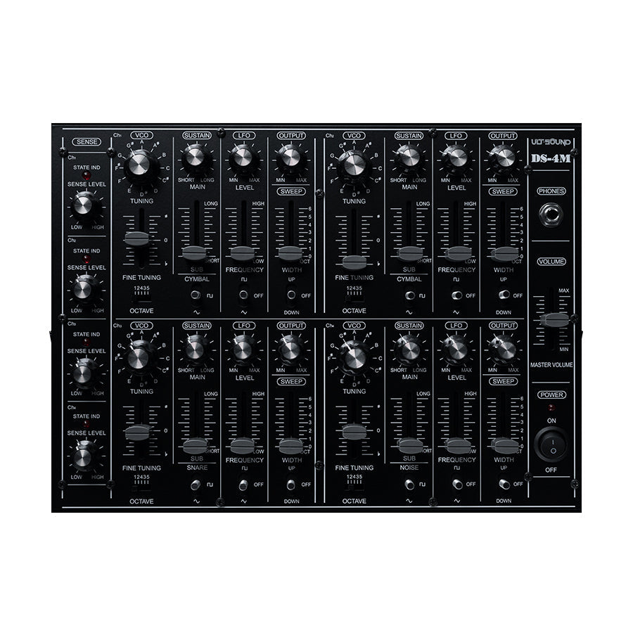 Black Ult Sound DS-4M device with multiple knobs, slider faders, toggle switch, and a headphone jack.