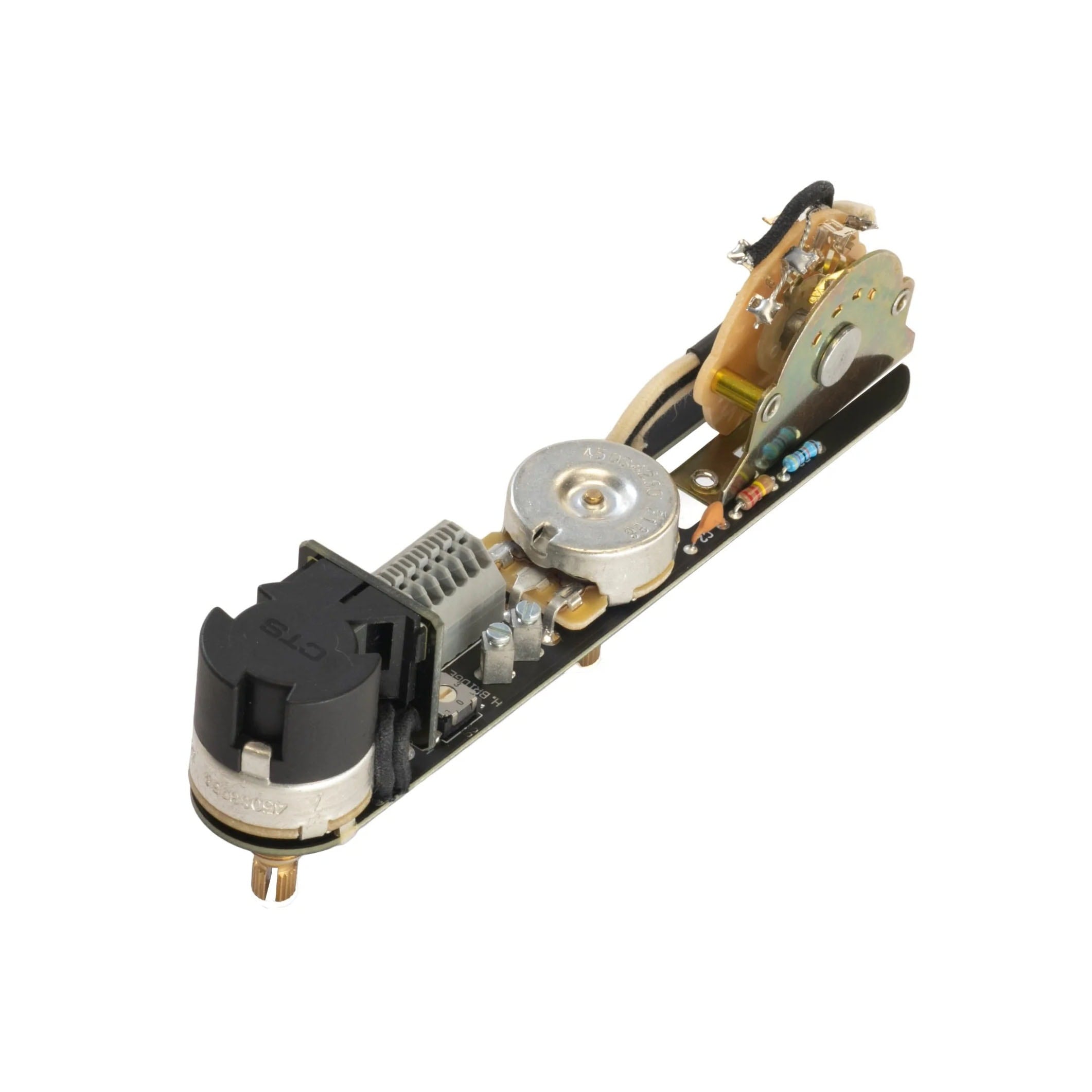 Electronic control plate assembly with rotary potentiometer, rotary switch, connectors, and attached wires.