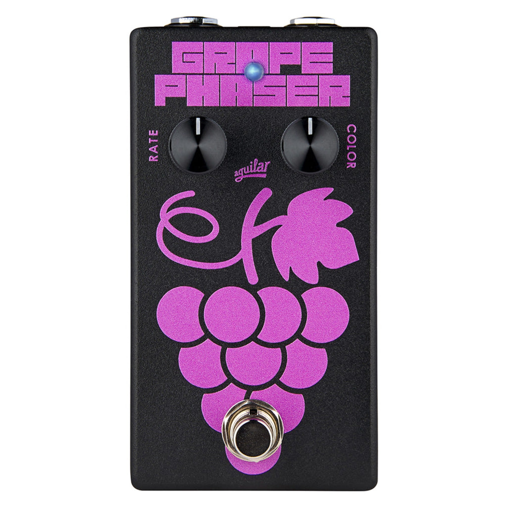 Black guitar effects pedal with purple grape design, two knobs labeled Rate and Color, a blue LED, and a footswitch.