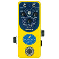 Yellow guitar effects pedal with blue control panel, three knobs, two toggle switches, and one footswitch.