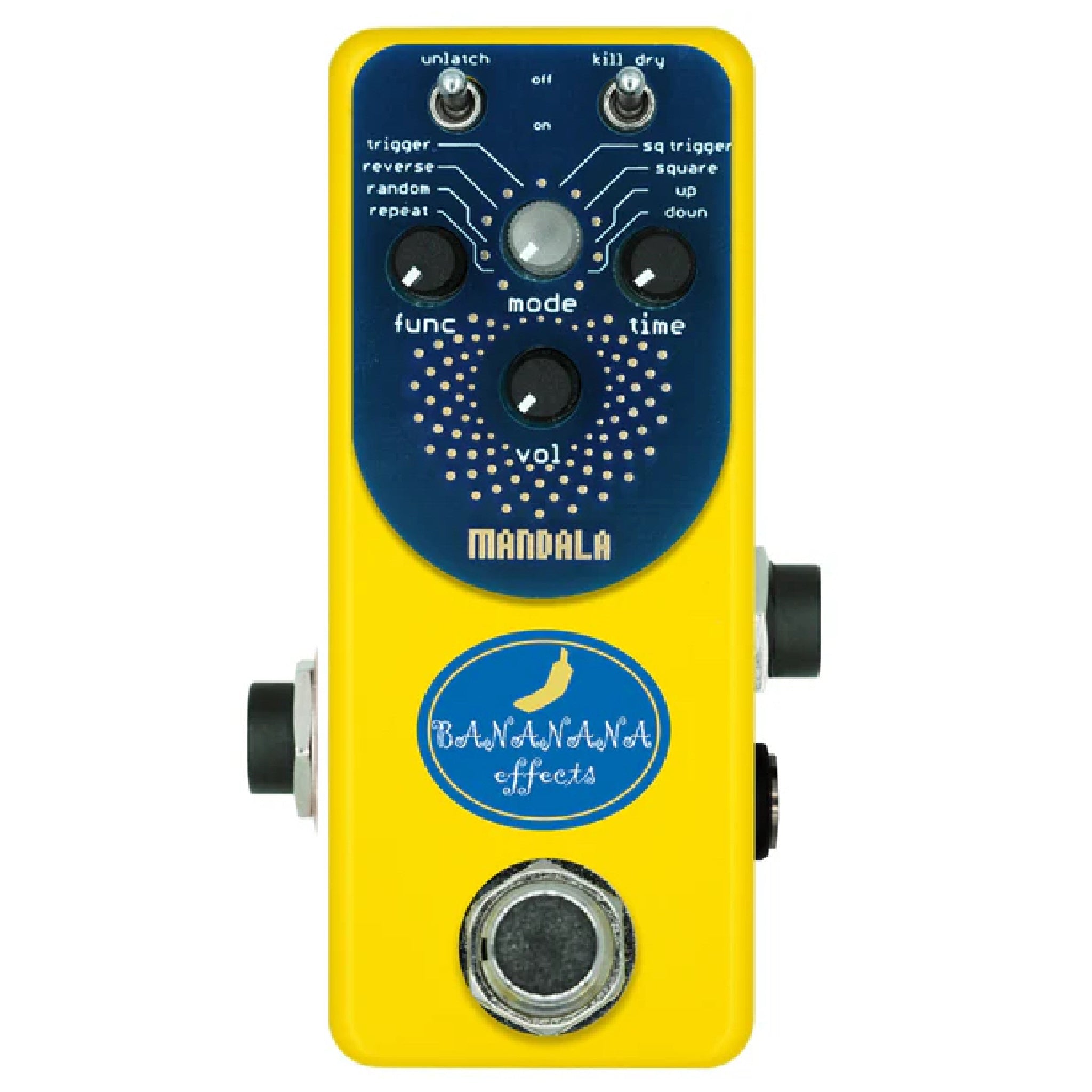 Yellow guitar effects pedal with blue control panel, three knobs, two toggle switches, and one footswitch.
