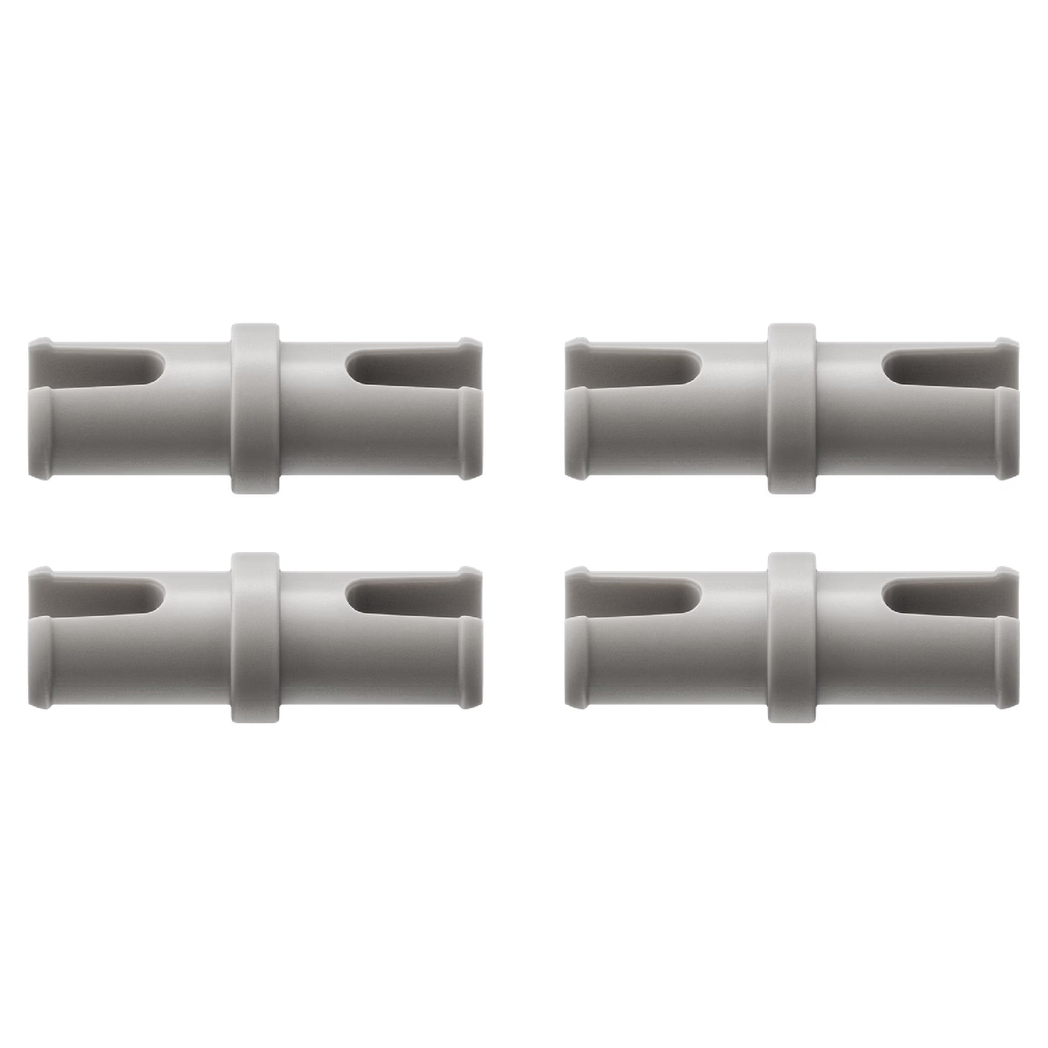 Four identical gray plastic pegs with a center ring and cutout slots, arranged in a 2x2 grid.