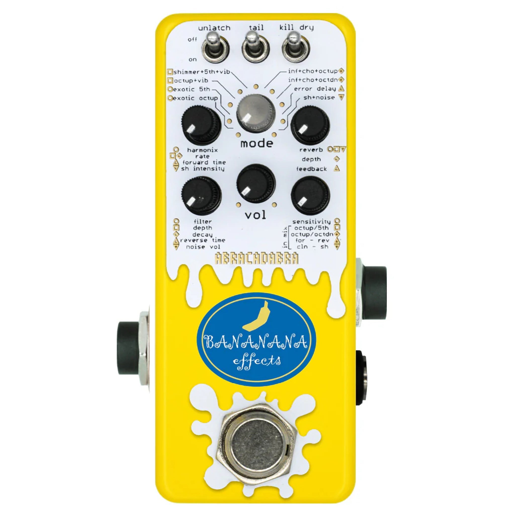 Yellow guitar effects pedal with white drip design and multiple knobs and switches labeled for various audio effects.