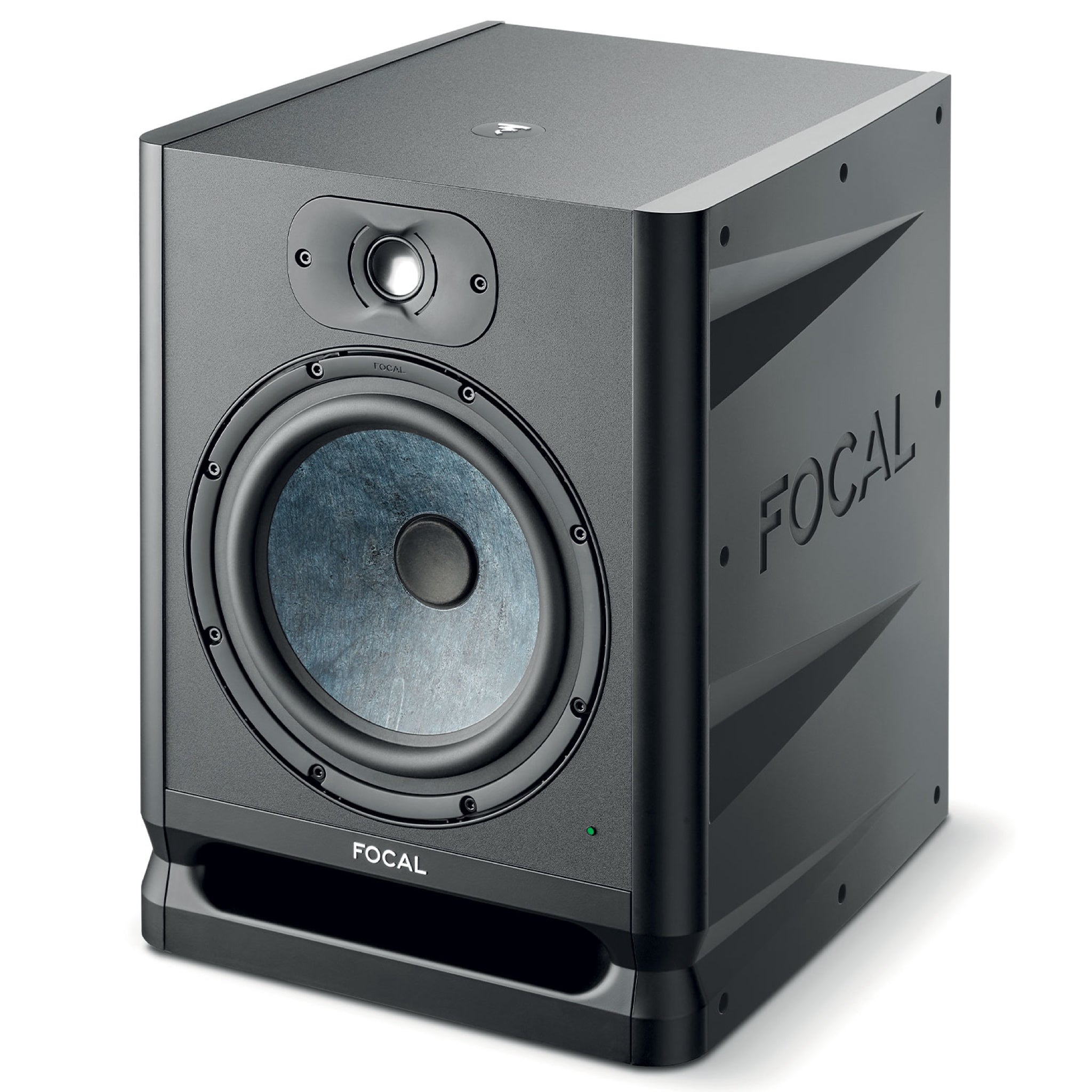 Black Focal studio monitor speaker with visible woofer and tweeter, angled front and side view.