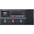 Black guitar multi-effects processor with colorful buttons, three knobs, a display screen, and an expression pedal on the right.
