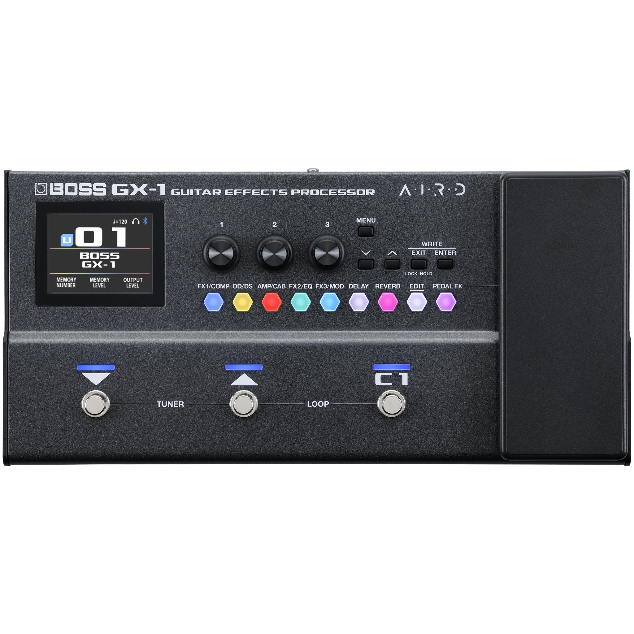 Black guitar multi-effects processor with colorful buttons, three knobs, a display screen, and an expression pedal on the right.