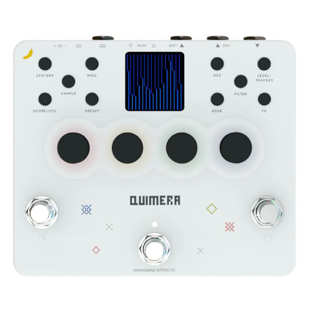 White effects pedal with black knobs, a digital display, and multiple labeled controls including MIDI and modulation options.