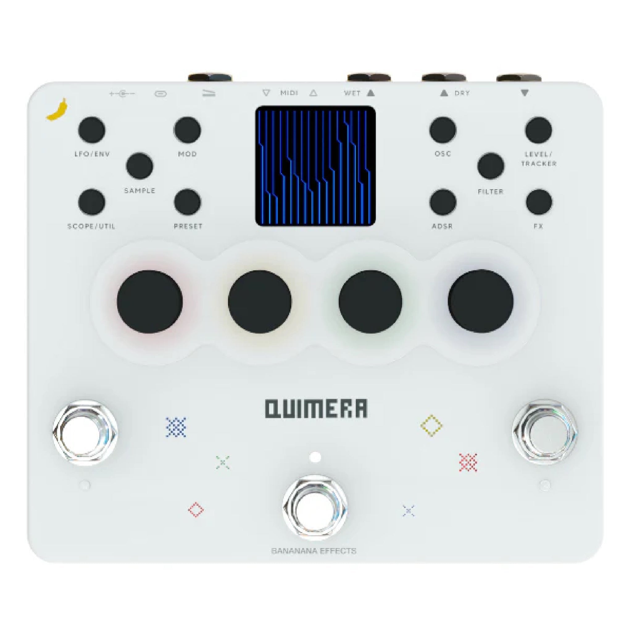 White effects pedal with black knobs, a digital display, and multiple labeled controls including MIDI and modulation options.