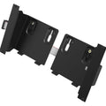 Two black metal mounting plates connected by a flat ribbon cable shown on a white background.
