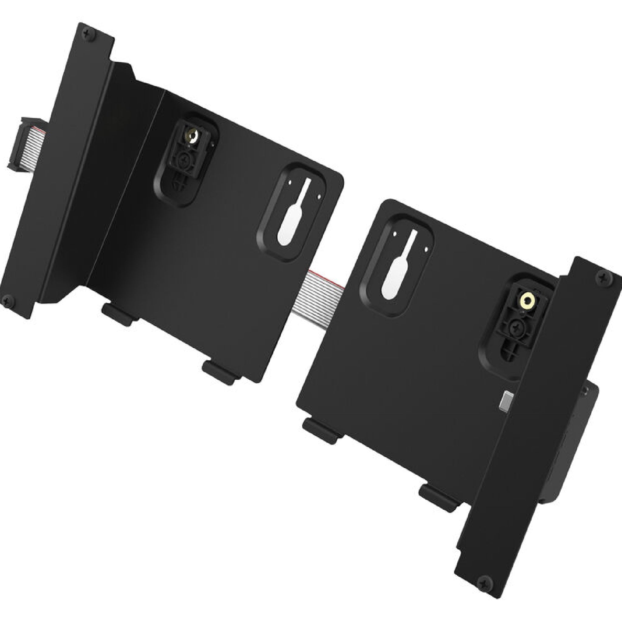 Two black metal mounting plates connected by a flat ribbon cable shown on a white background.
