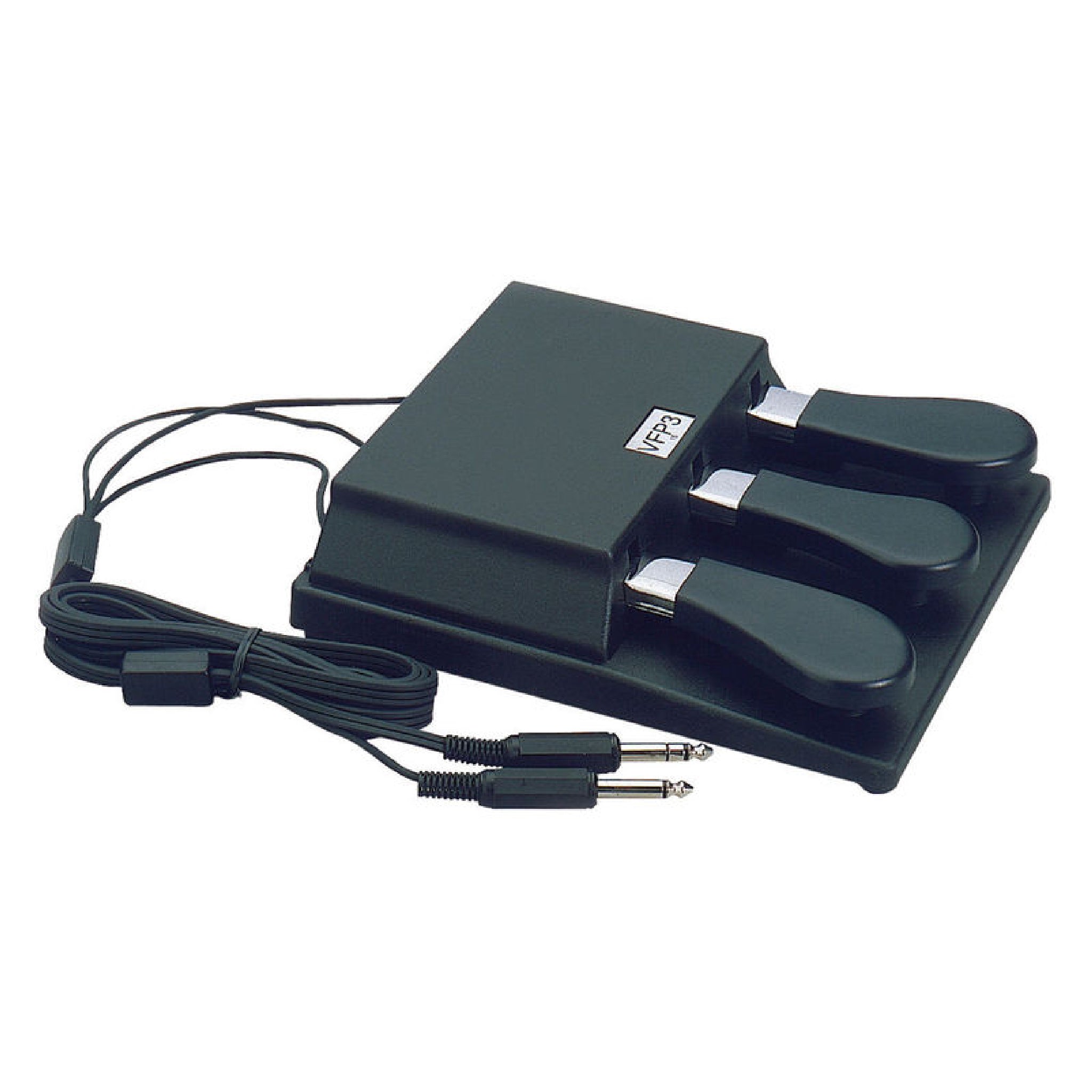 Black triple pedal unit with three pedals and a cable with two 1/4 inch connectors.