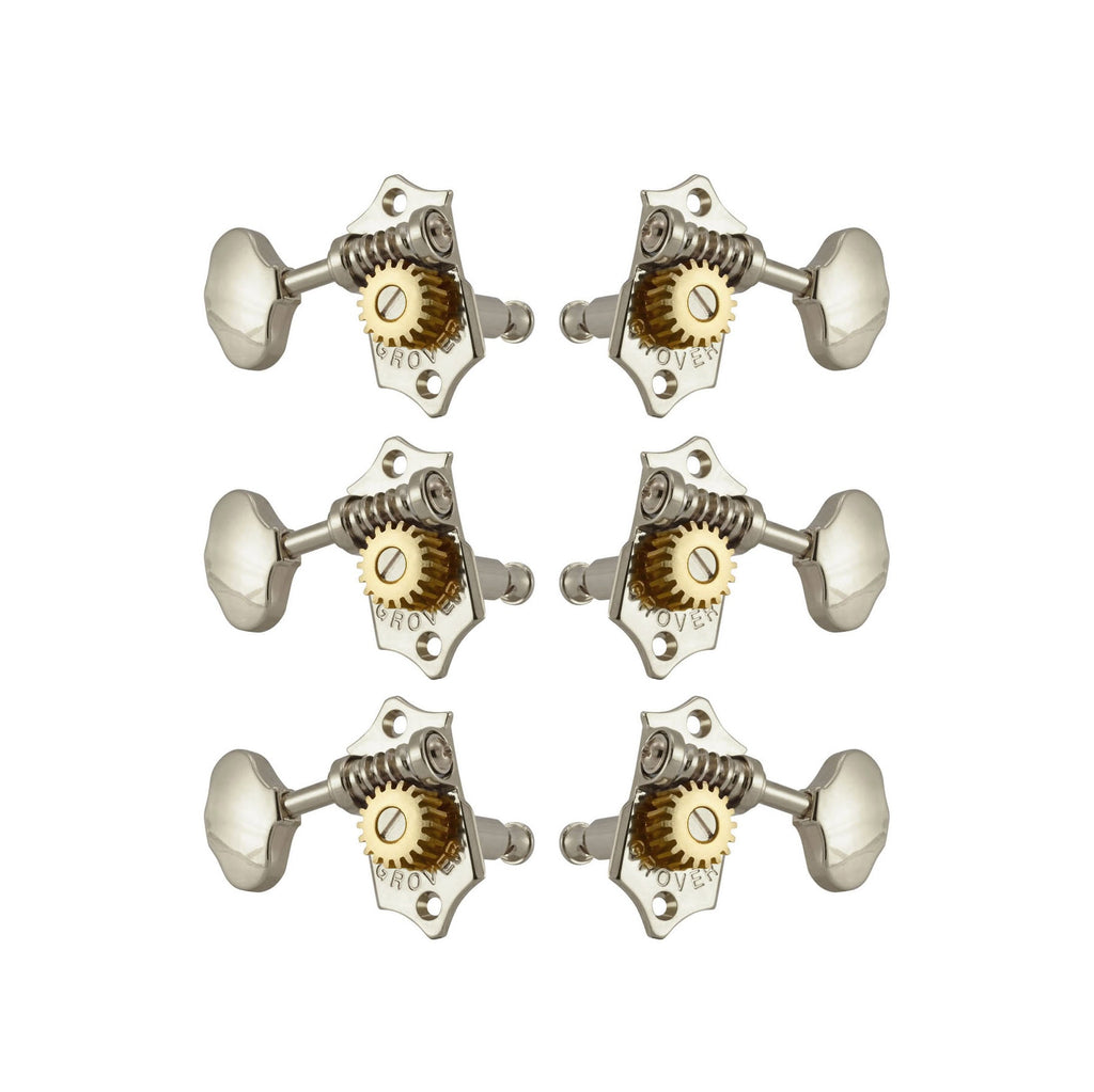 Set of six silver and gold metal guitar machine heads arranged in two columns of three.