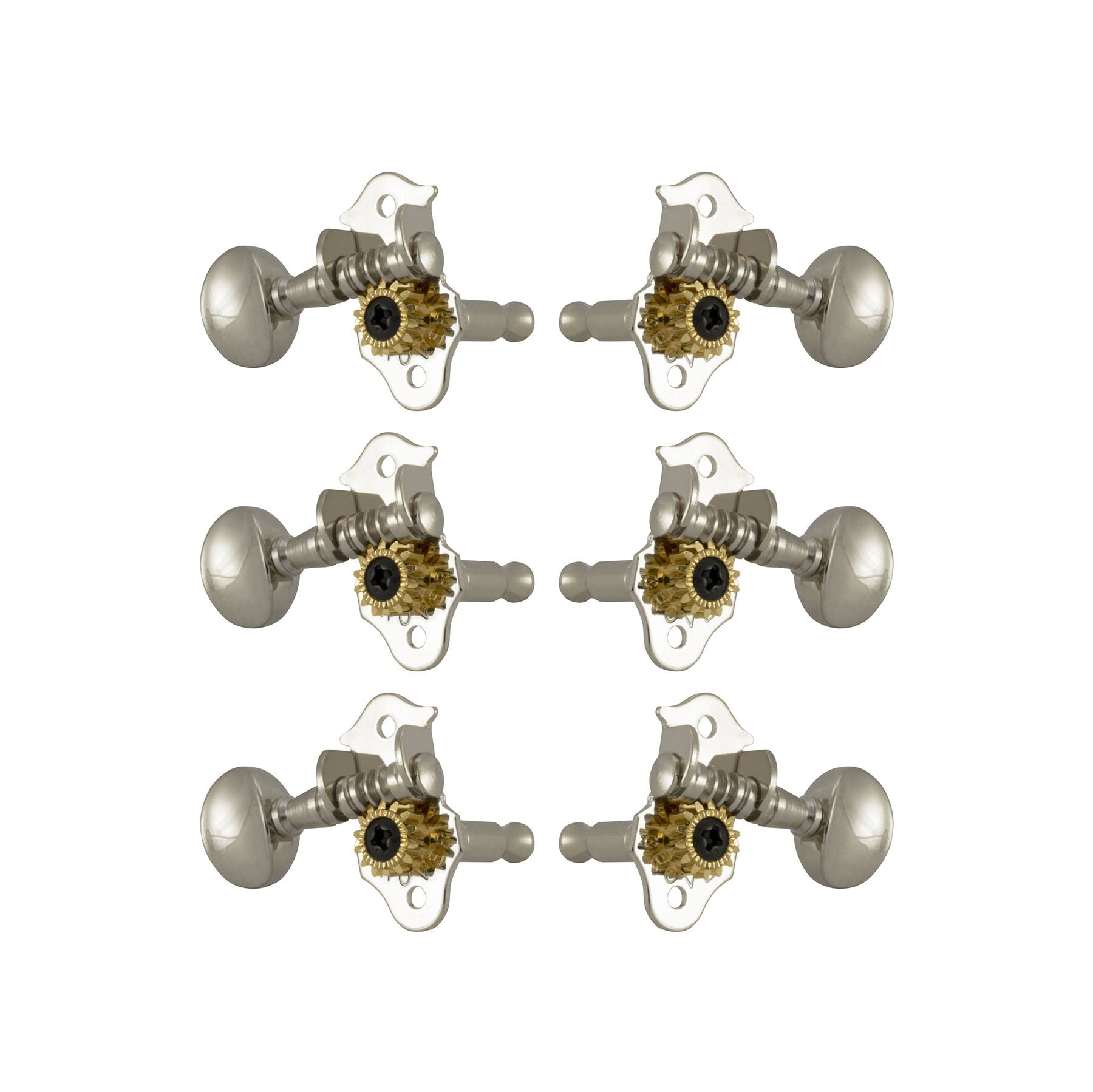 Six nickel and gold guitar tuning pegs arranged in three pairs on white background.
