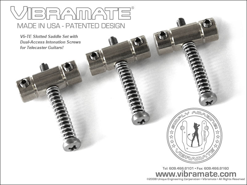 Three metal slotted saddles with dual screws for guitar intonation adjustment.