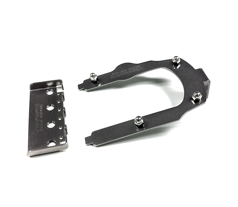 Metal mounting plate and U-shaped metal frame with screws on a white background