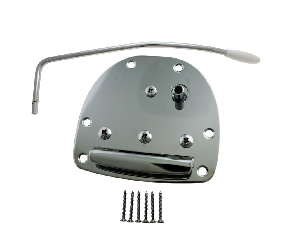 Metal chrome tremolo plate with attached tremolo arm and six screws on a white background.