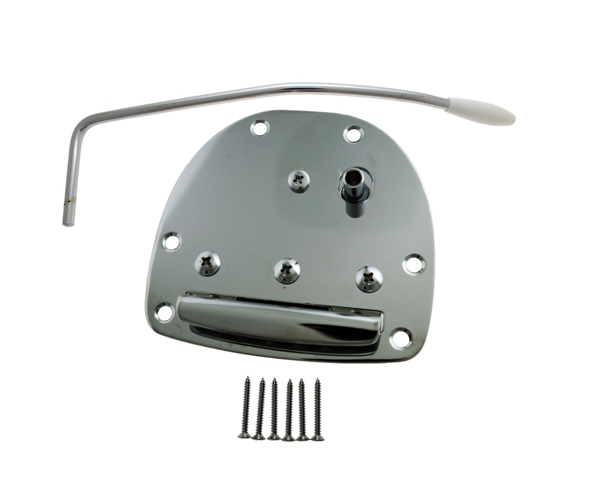 Metal chrome tremolo plate with attached tremolo arm and six screws on a white background.