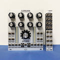 Silver VC stereo mixer module and matching I/O expander module with knobs and multiple audio jacks