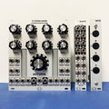 Three white modular synthesizer panels with knobs, buttons, and multiple 3.5mm jacks arranged in rows and columns.