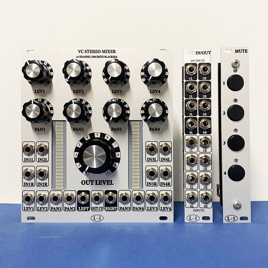 Three white modular synthesizer panels with knobs, buttons, and multiple 3.5mm jacks arranged in rows and columns.