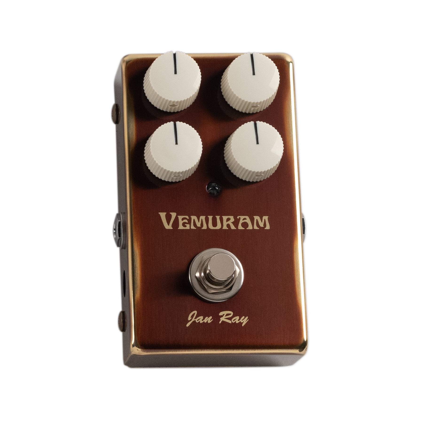 Brown guitar effects pedal with four cream knobs, footswitch, and VEMURAM and Jan Ray text on the top surface.