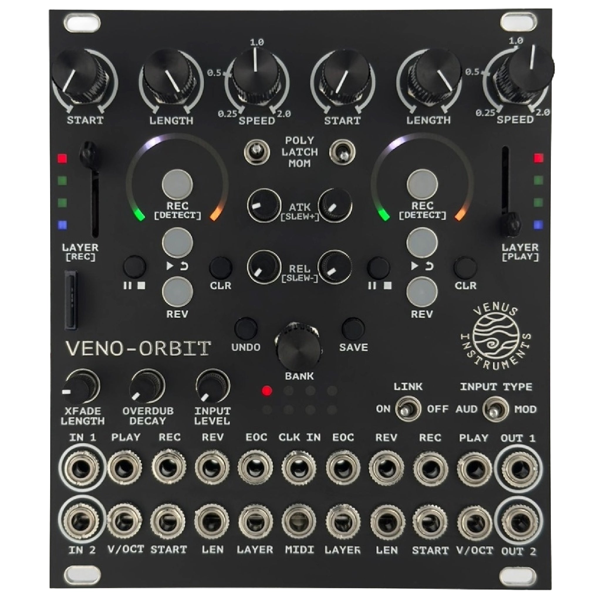 Black modular synthesizer module with knobs, switches, buttons, sliders, and multiple 3.5mm jacks labeled Veno-Orbiit by Venus Instruments.