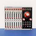 Eurorack module with multiple slider faders, rotary knobs, switches, and jacks labeled Voltage Multistage by Verbos Electronics.