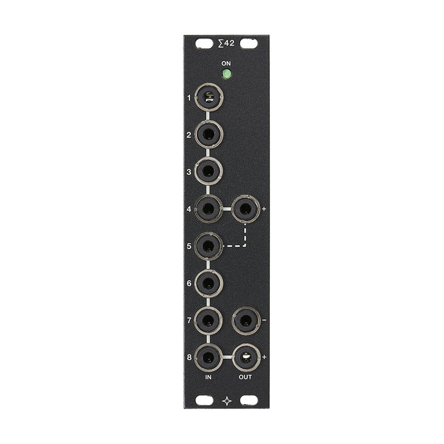 Black eurorack module with eight mono jack ports labeled 1 to 8 and an LED indicator